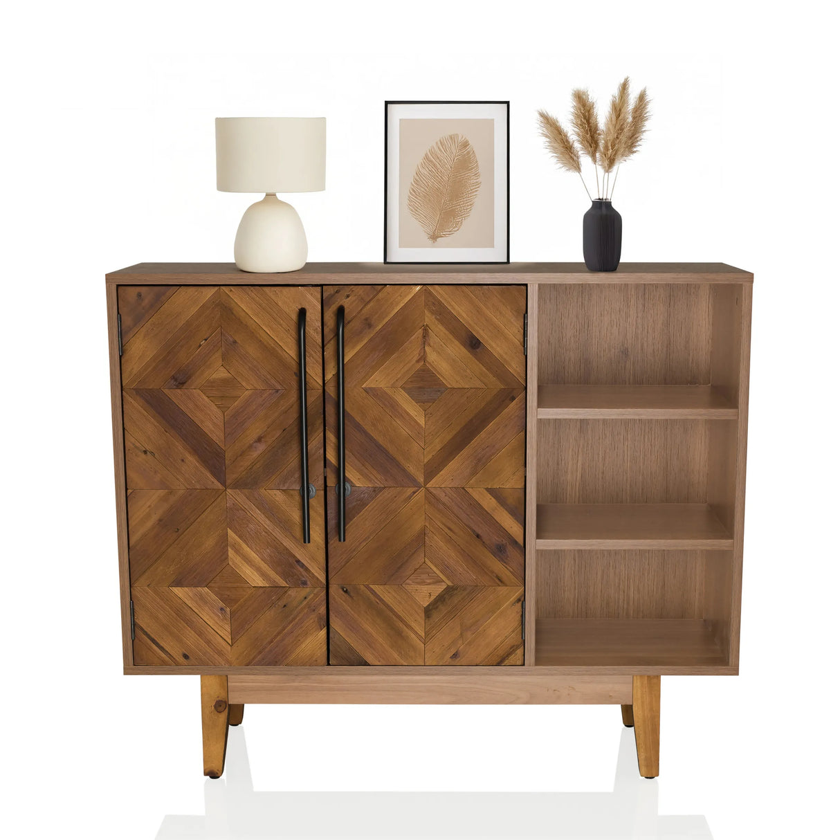 Kommode SANTJAGO WOOD L in dunkler Holzoptik mit zwei Türen, schwarzen Griffen und offenem Regal von hjh LIVING