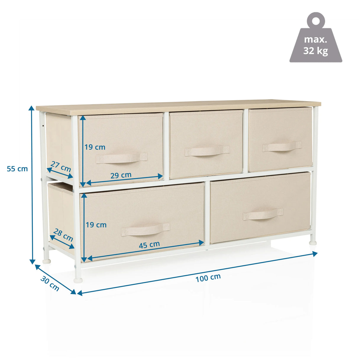 Maßzeichnung der Kommode FOLDAR mit 100 × 30 cm und maximaler Belastung von 32 kg von hjh LIVING