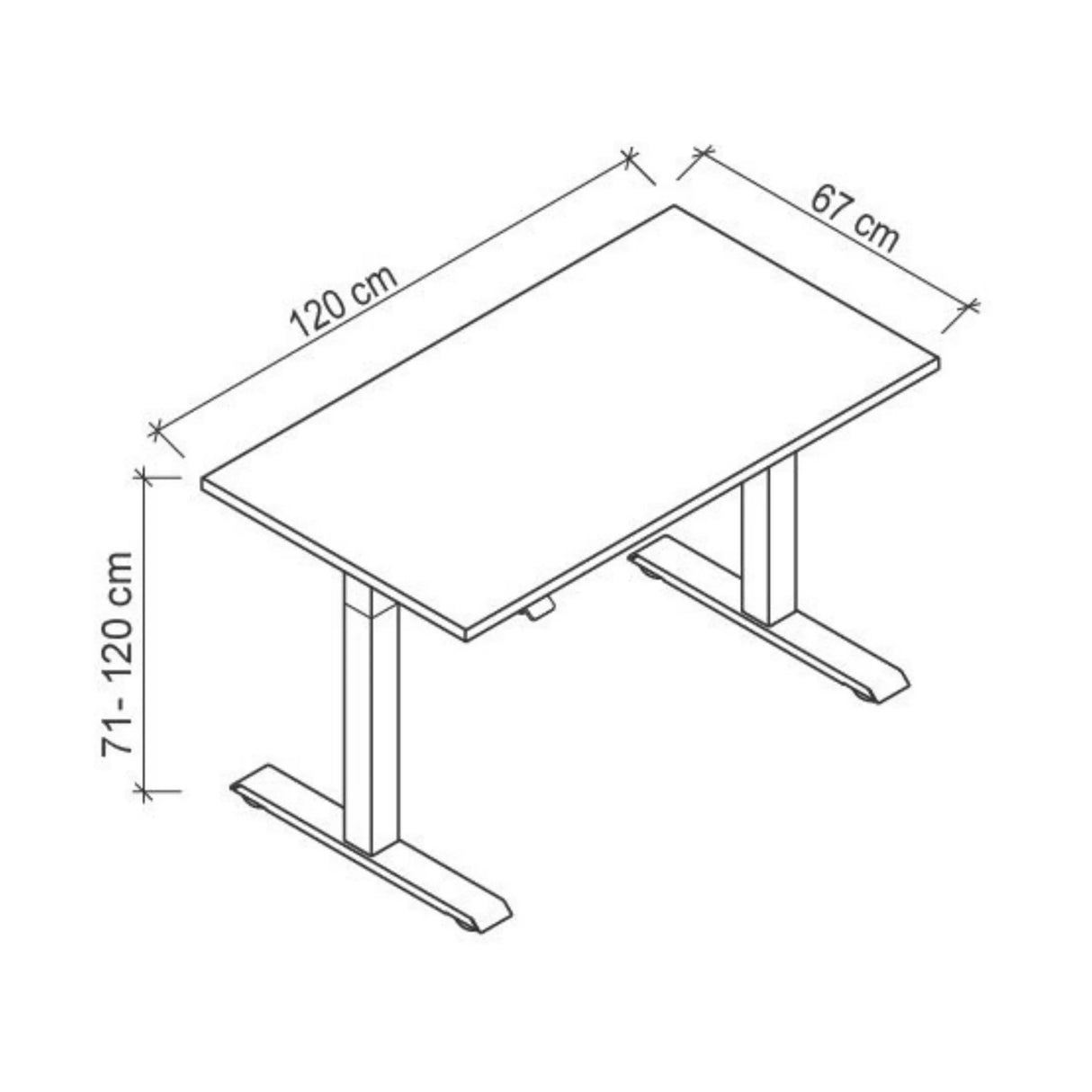 Technische Zeichnung des Schreibtischs XMST 612 S mit 120 × 67 cm von hjh OFFICE PRO