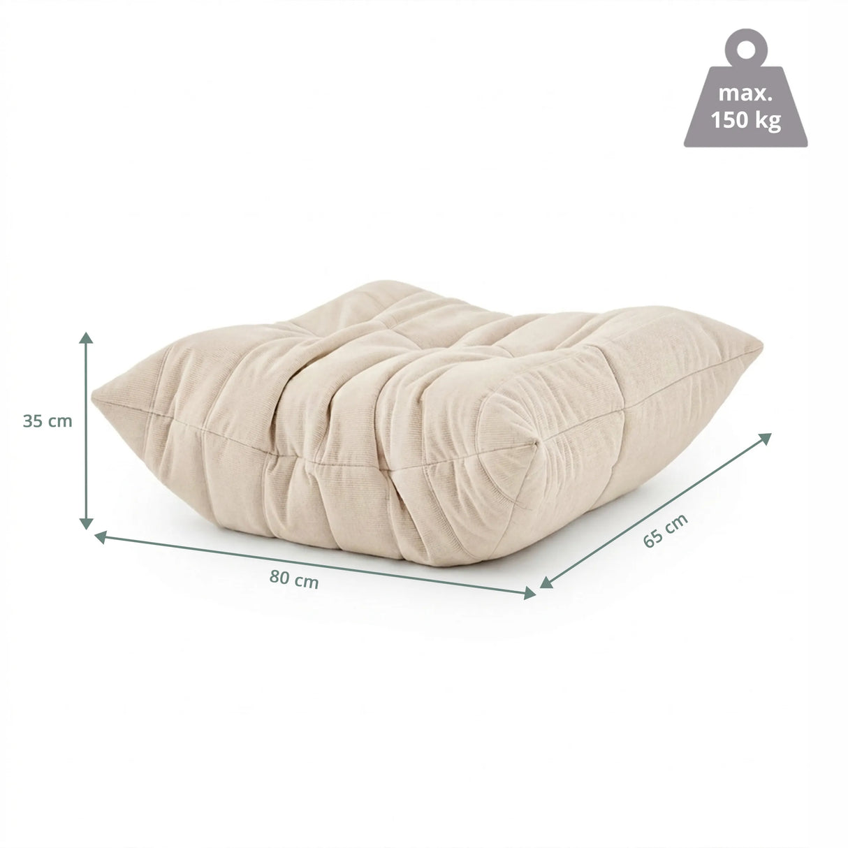 Maßansicht des Sitzsacks Sitzolo Podi mit 80 × 65 cm und einer maximalen Belastung von 150 kg von hjh LIVING