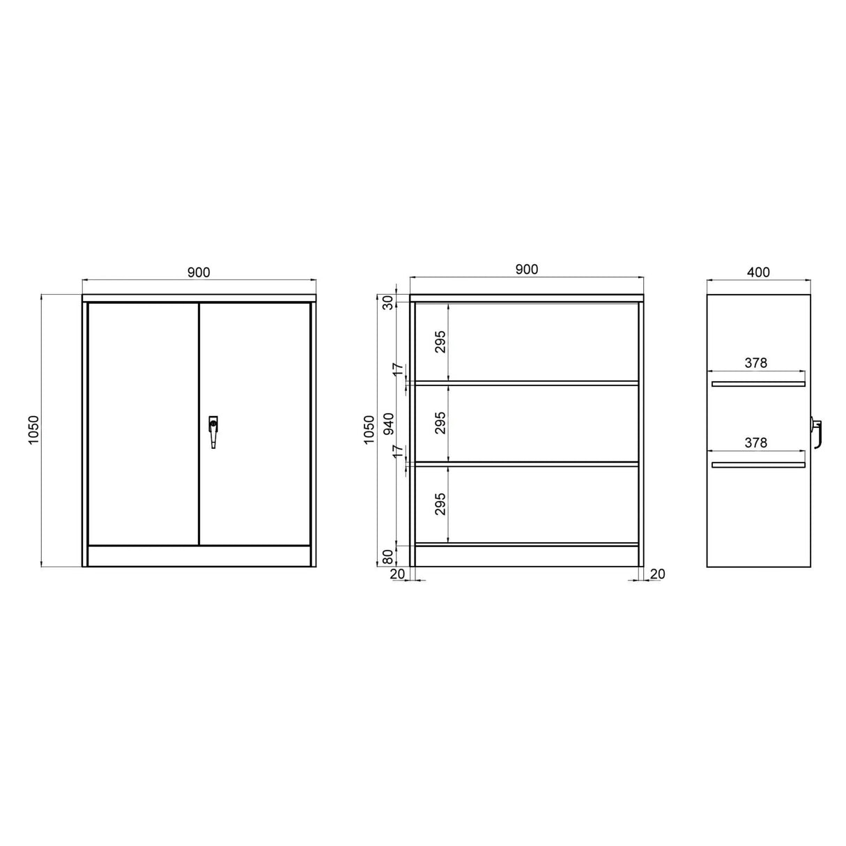 Technische Zeichnung des Aktenschranks COLOR AS 105 mit 900 × 1050 mm von hjh OFFICE