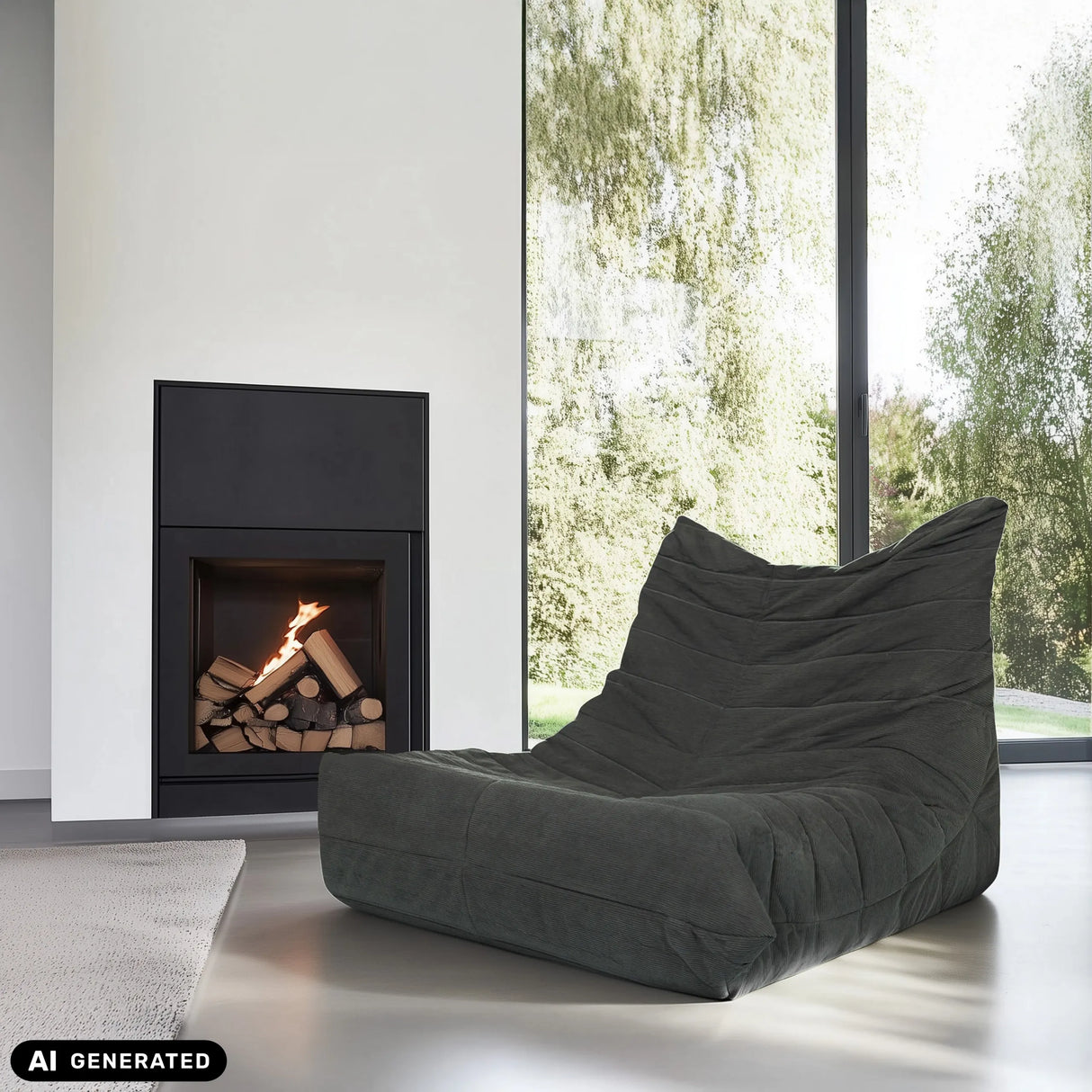 Grauer Loungesessel Sitzolo aus Cordstoff vor einem Kamin von hjh LIVING (KI-generiertes Bild)