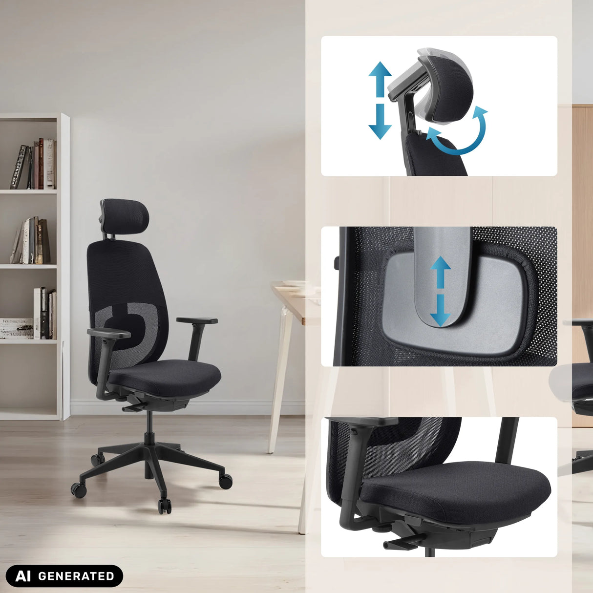 Verstellbare Kopfstütze und Lendenwirbelstütze des Profi-Bürostuhls Skandis Pro von hjh OFFICE (KI-generiertes Bild)