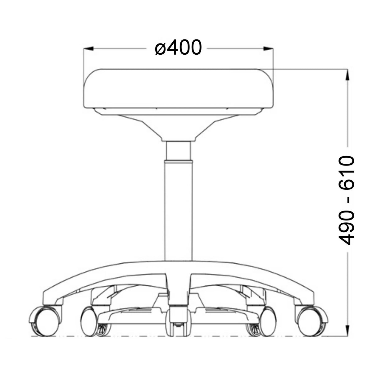 Technische Zeichnung des Drehhockers Operator Step mit einem Durchmesser von 400 mm von hjh OFFICE