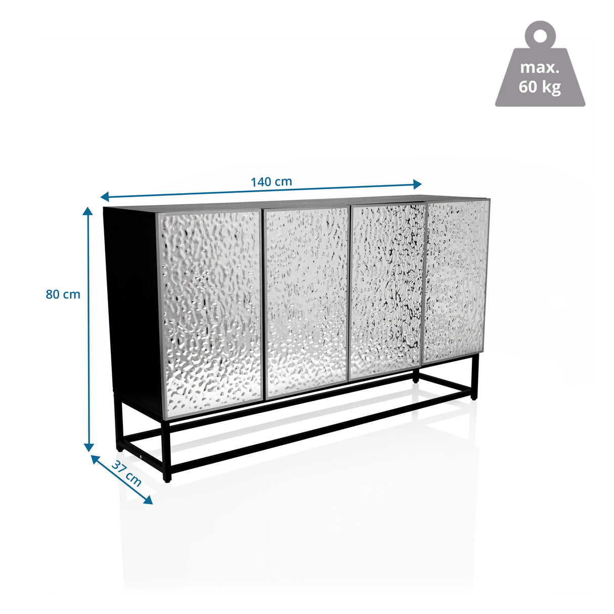 Maßzeichnung der Kommode METALLIO mit 140 × 80 cm und einer Belastbarkeit von 60 kg von hjh LIVING
