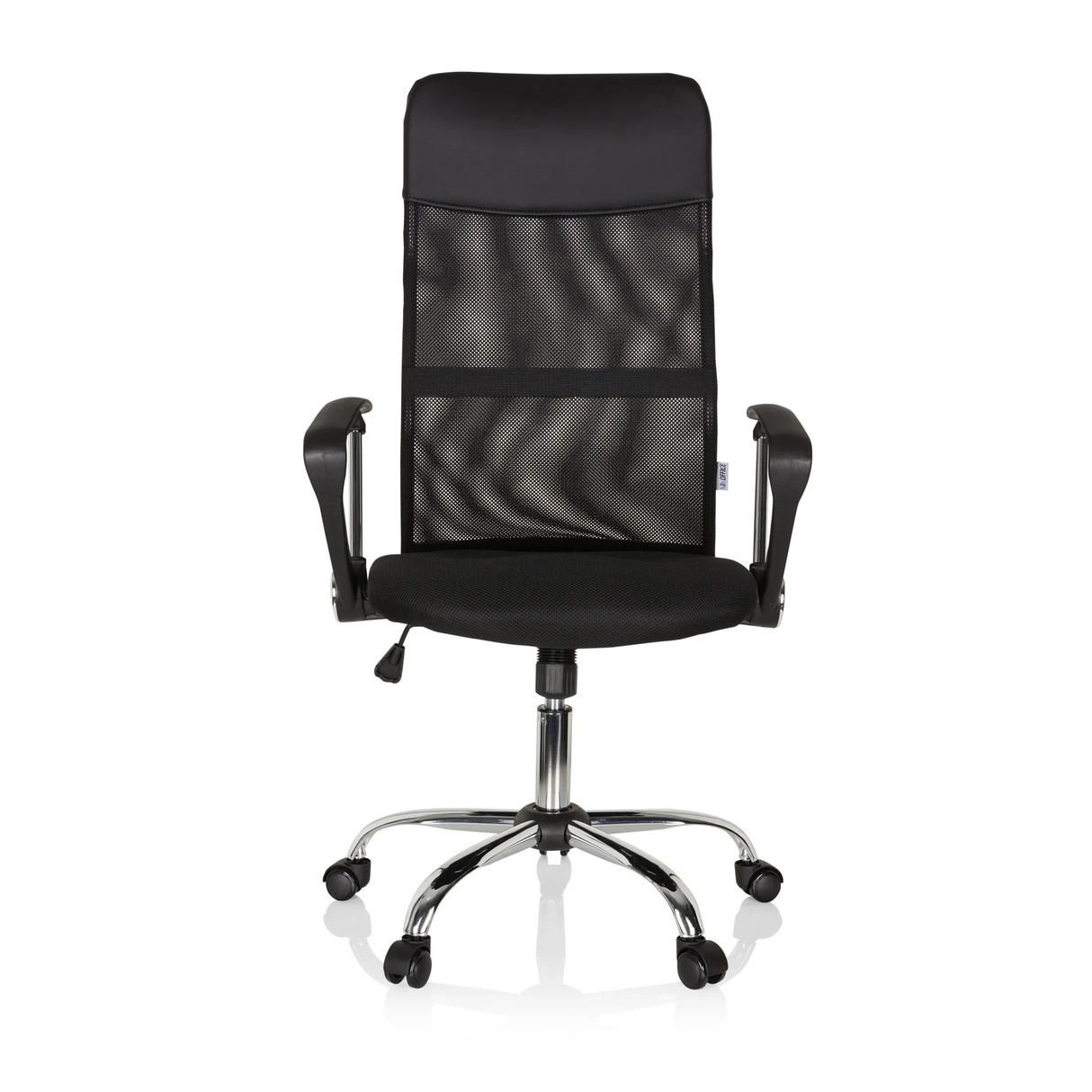 Schwarzer Homeoffice-Chefsessel PURE NET mit Netzrücken und Fußkreuz mit fünf Rollen von hjh OFFICE – 360-Grad-Ansicht (Frontansicht 0°)