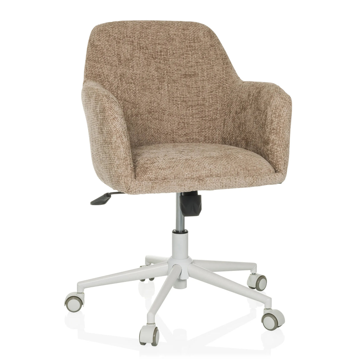 Beiger Homeoffice-Bürostuhl SOLAO HOME mit Stoffbezug und weißem Fußkreuz mit fünf Rollen von hjh LIVING – 360-Grad-Ansicht (Frontansicht 15°)