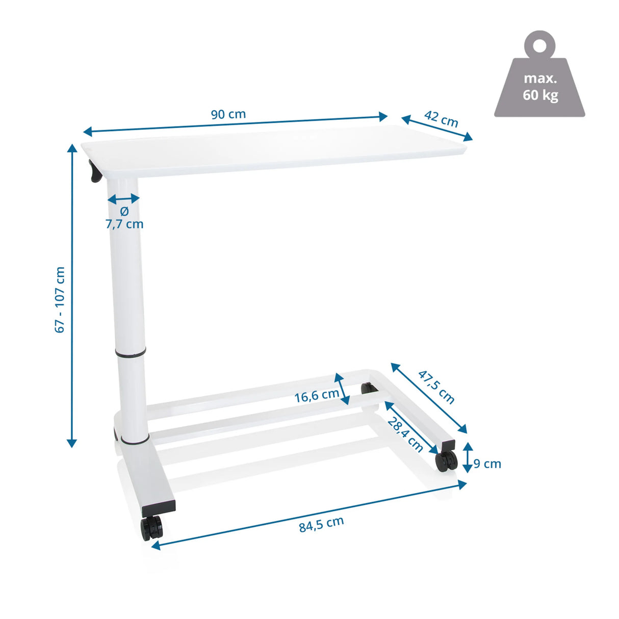 Technische Zeichnung des Stehschreibtischs STAND II mit 90 × 42 cm Arbeitsfläche von hjh OFFICE