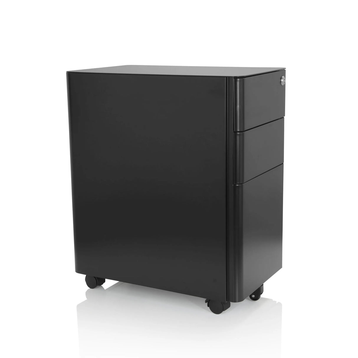 Schwarzer Rollcontainer COLOR I aus Metall mit drei Schubladen und vier Rollen von hjh OFFICE – 360-Grad-Ansicht (schräge Frontansicht 60°)