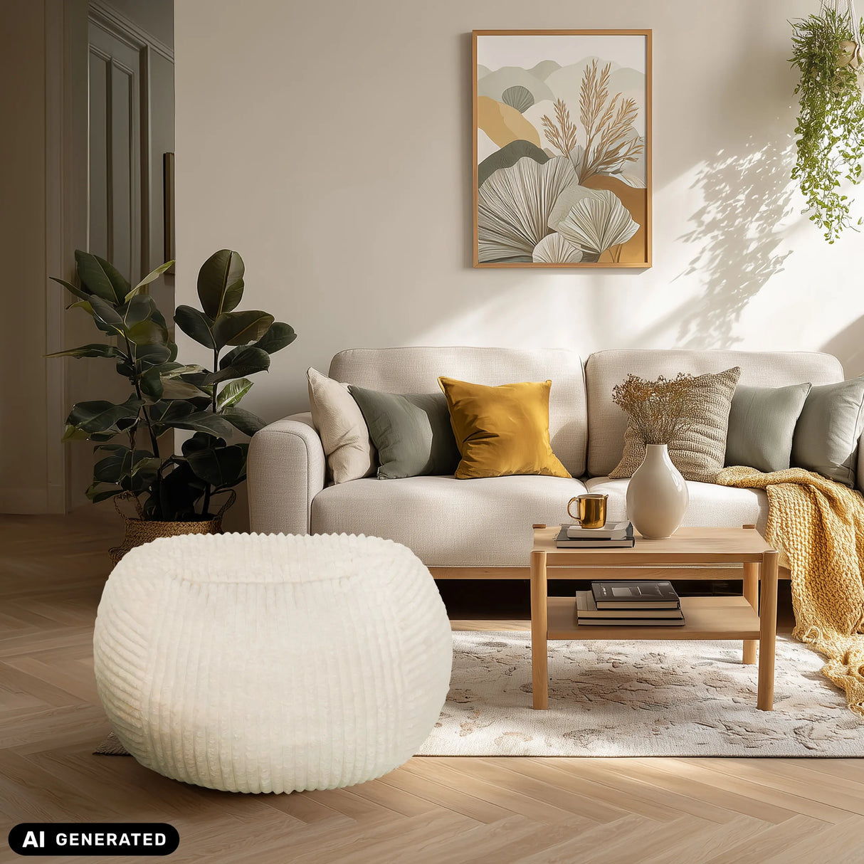 Beiger Sitzsack Sitzolo R in einem Wohnzimmer von hjh LIVING (KI-generiertes Bild)