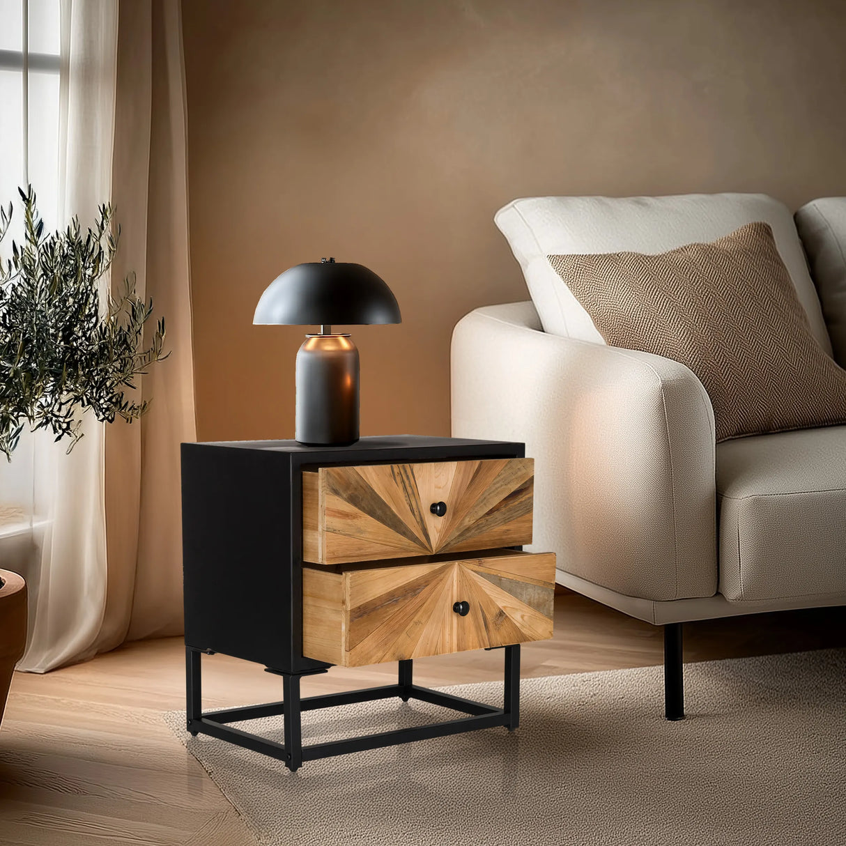 Sideboard SANTJAGO BLACK SUN S in Schwarz mit zwei holzfarbenen Schubladen und einem Metallgestell von hjh LIVING