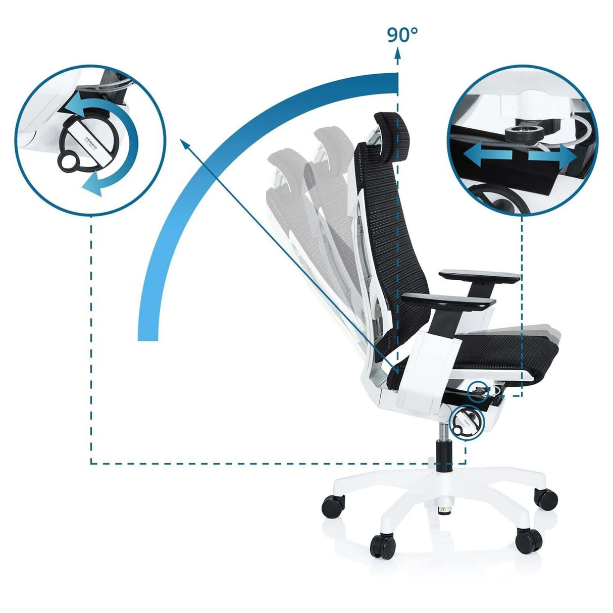 Verstellbare Rückenlehne mit Neigung bis zu 90 Grad des High-End-Bürostuhls GENIDIA PRO WHITE von hjh OFFICE