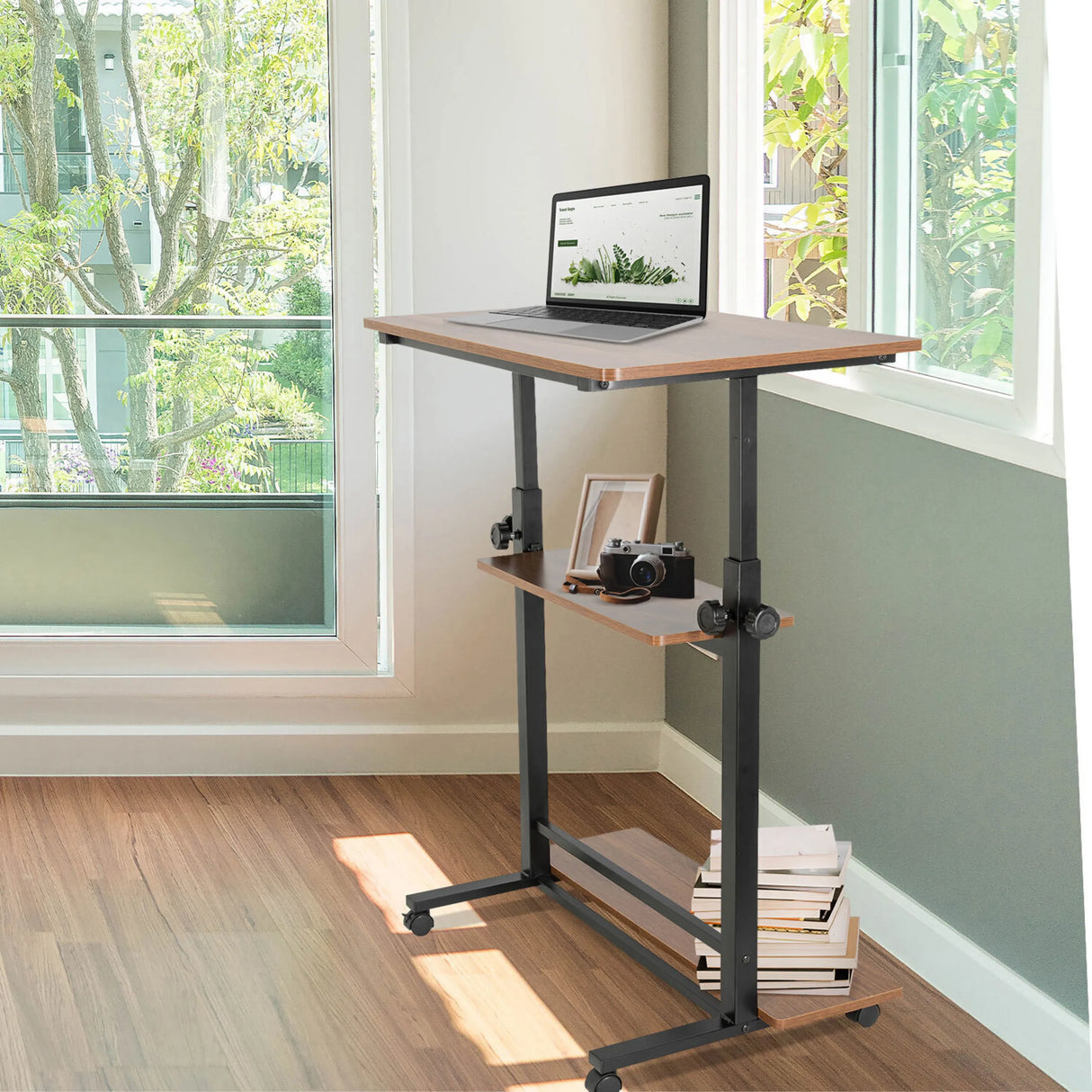 Stehschreibtisch WORKSTATION II in Schwarz und Walnuss mit zwei Ablagen und Rollen von hjh OFFICE