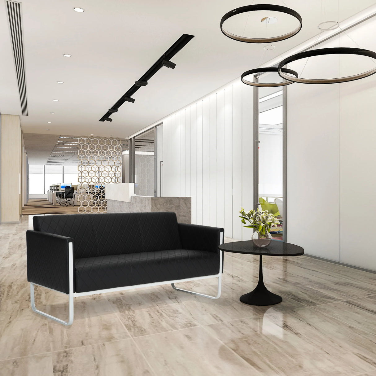 Schwarzes Loungesofa ARUBA STEP als Drei-Sitzer mit gesteppter Polsterung und silbernem Metallgestell von hjh OFFICE