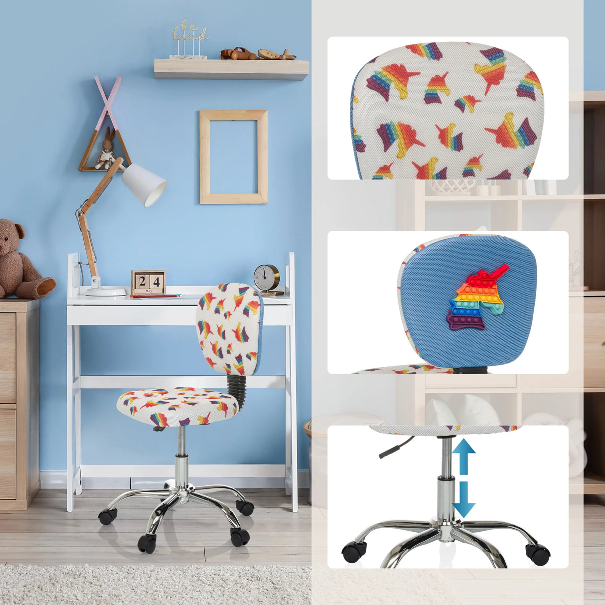 Kinderdrehstuhl KID BUBBLE mit Regenbogen-Motiv, Pop-it-Spielzeug an der Lehne und höhenverstellbarem Fuß von hjh OFFICE