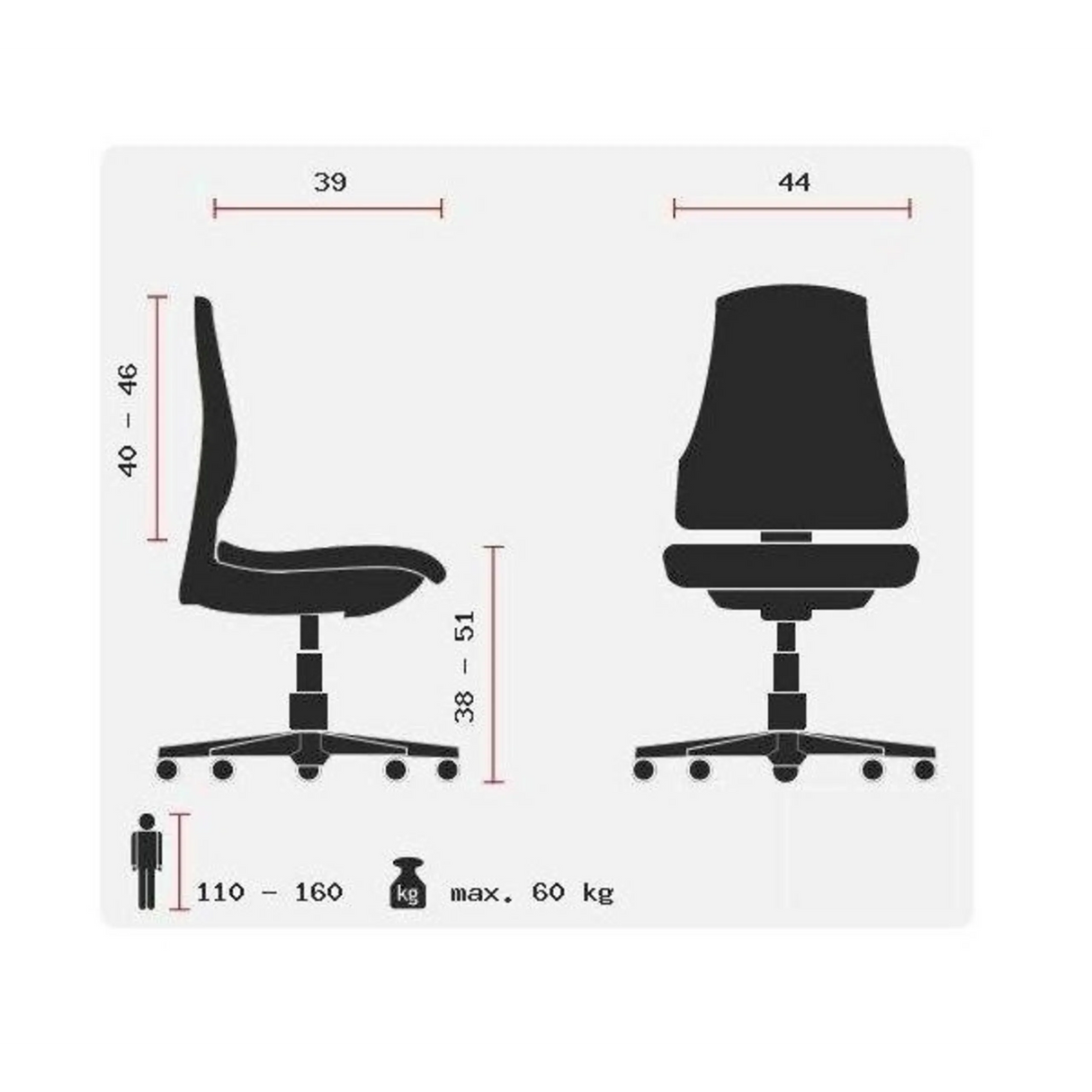 Technische Zeichnung des Kinderdrehstuhls SMAXX mit einer Sitzhöhe von 38 bis 51 cm von Topstar
