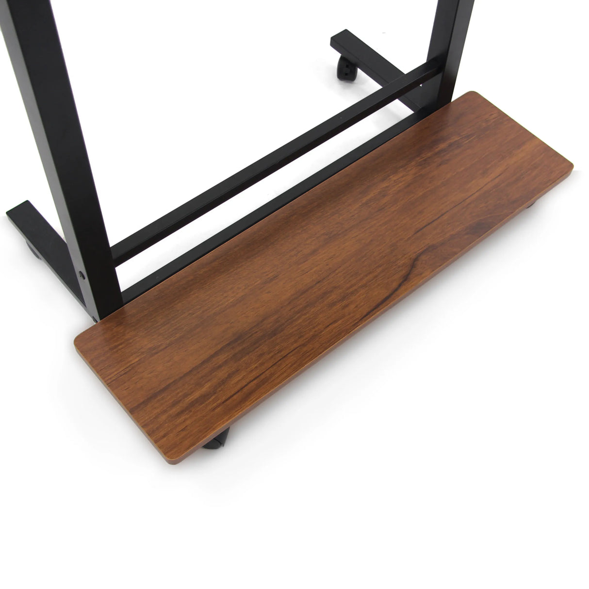 Ablagefläche in Walnuss-Optik mit schwarzem Metallgestell des Stehschreibtischs WORKSTATION II von hjh OFFICE