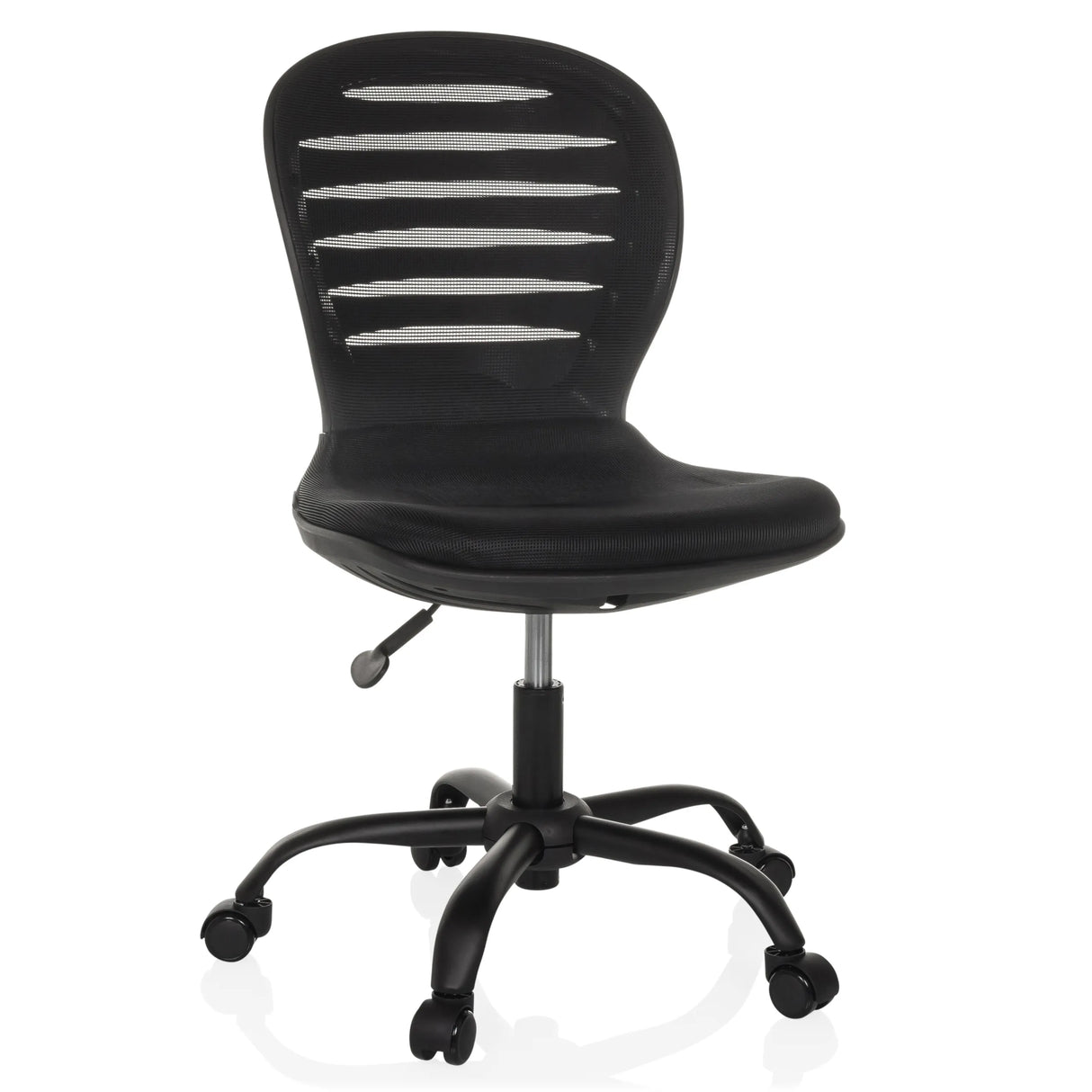 Schwarzer Homeoffice-Bürostuhl CASLA mit Netzrücken und Fußkreuz mit fünf Rollen von hjh OFFICE – 360-Grad-Ansicht (Frontansicht 15°)