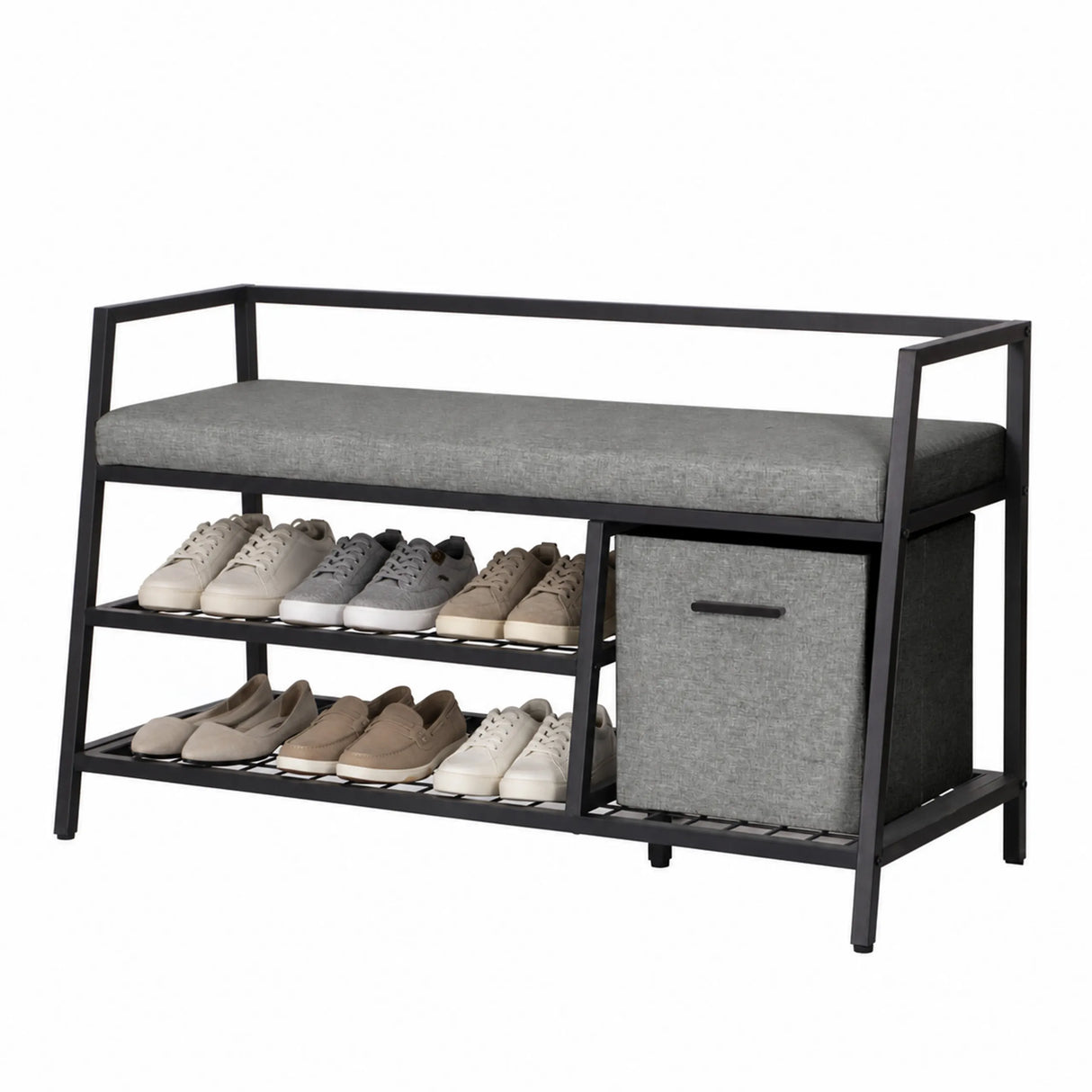 Schuhschrank Estha Loft in Schwarz und Grau mit Sitzfläche, zwei Ablagen und einer Aufbewahrungsbox von hjh LIVING