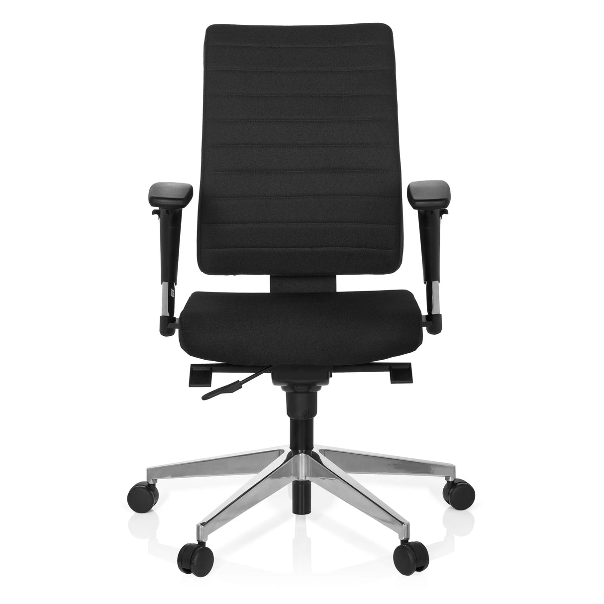 Schwarzer Profi-Bürostuhl PRO-TEC 350 mit Armlehnen und silbernem Fußkreuz mit fünf Rollen von hjh OFFICE – 360-Grad-Ansicht (Frontansicht 0°)