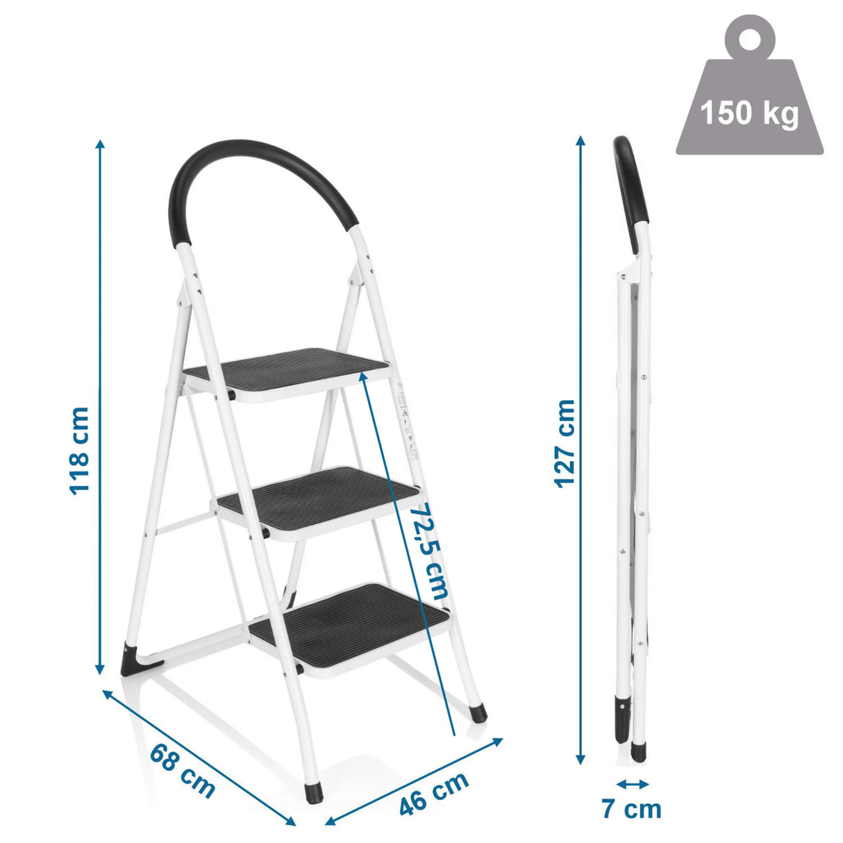 Maßansicht der Klappleiter SOLID W2 mit einer Höhe von 118 cm und 150 kg Traglast von hjh OFFICE