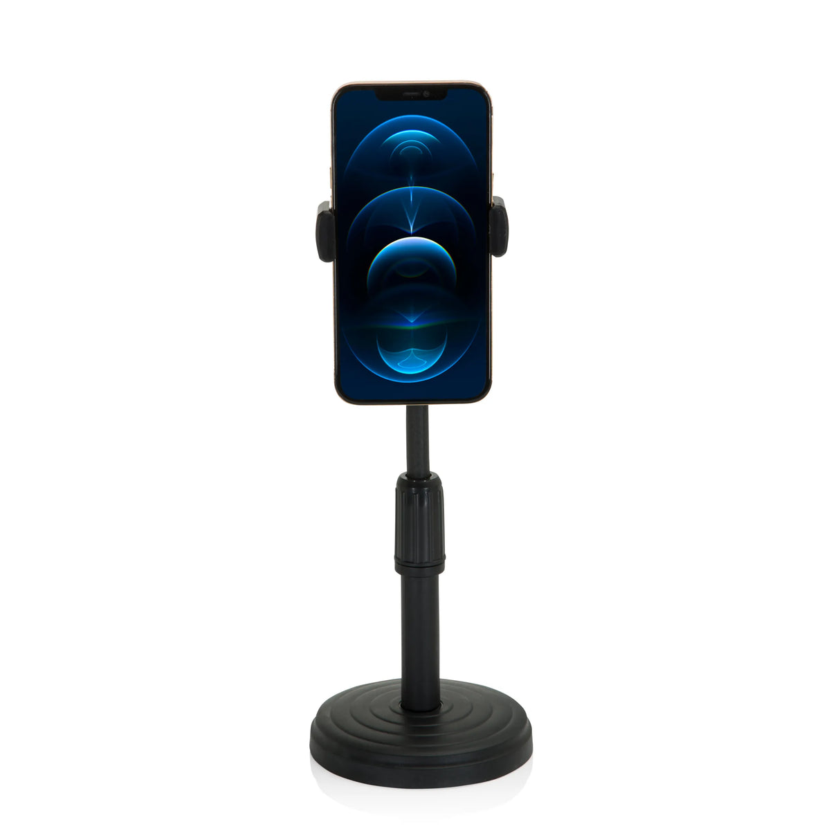 Schwarze Handy- und Tablet-Halterung FLEXMOBI II mit rundem Standfuß und Teleskopstange von hjh OFFICE – 360-Grad-Ansicht (Frontansicht 0°)