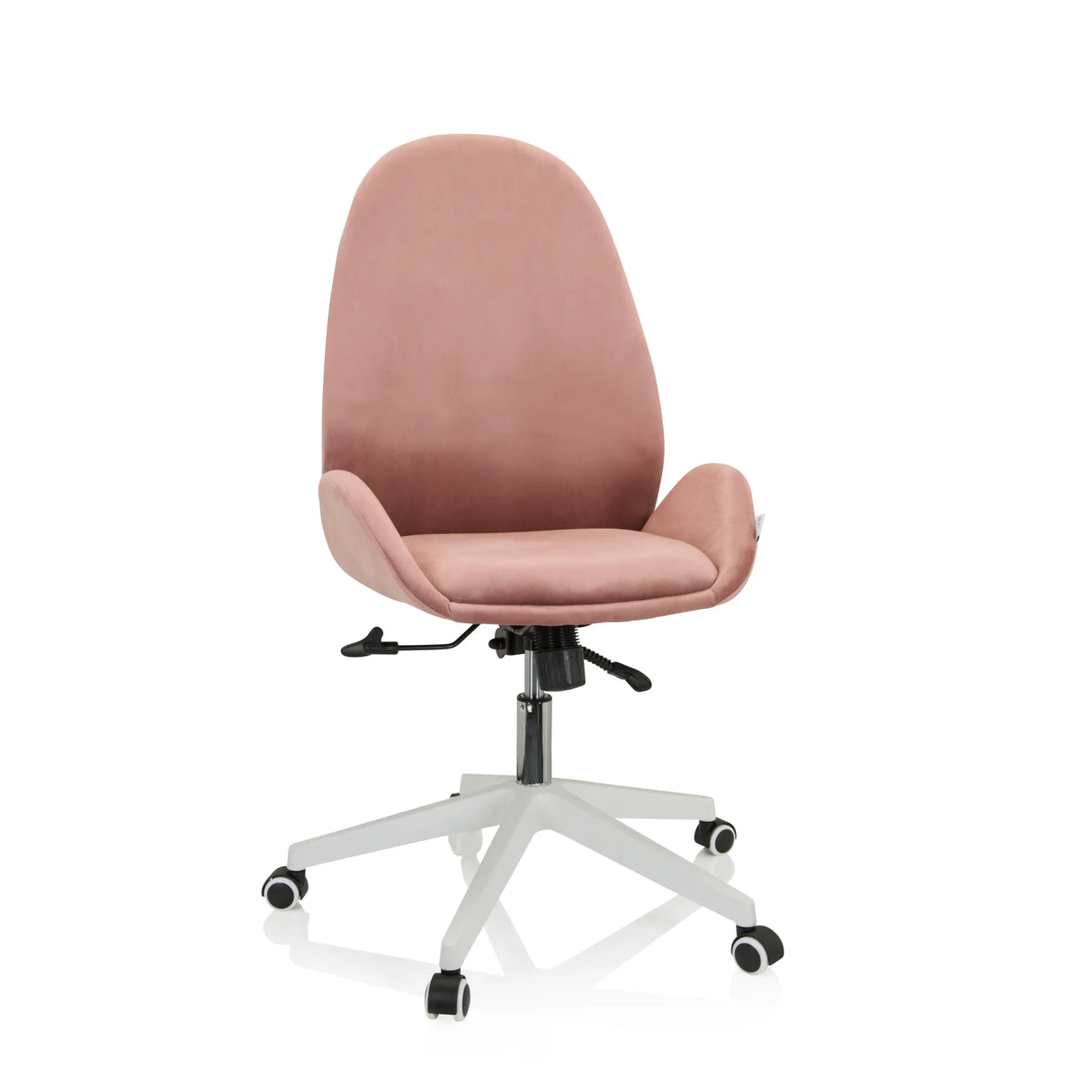 Rosa Homeoffice-Bürostuhl AVEA mit Armlehnen und weißem Fußkreuz mit fünf Rollen von hjh OFFICE – 360-Grad-Ansicht (Frontansicht 20°)