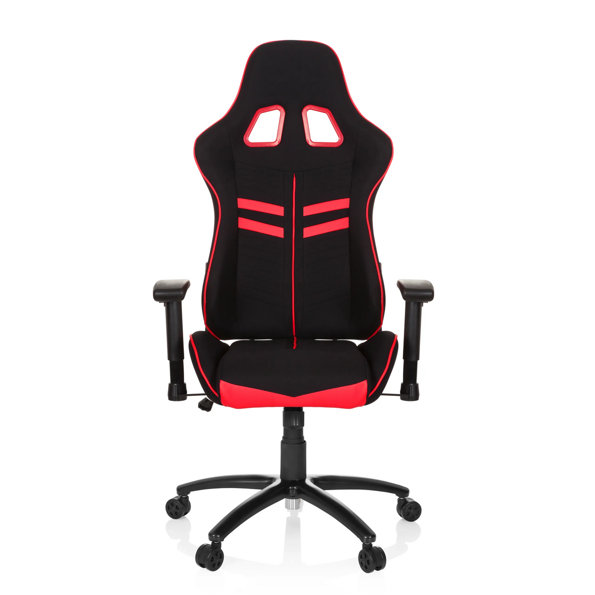 Schwarz-roter Gamingstuhl LEAGUE PRO I mit zwei Kopfstützen-Öffnungen und Fußkreuz mit fünf Rollen von hjh OFFICE – 360-Grad-Ansicht (Frontansicht 0°)