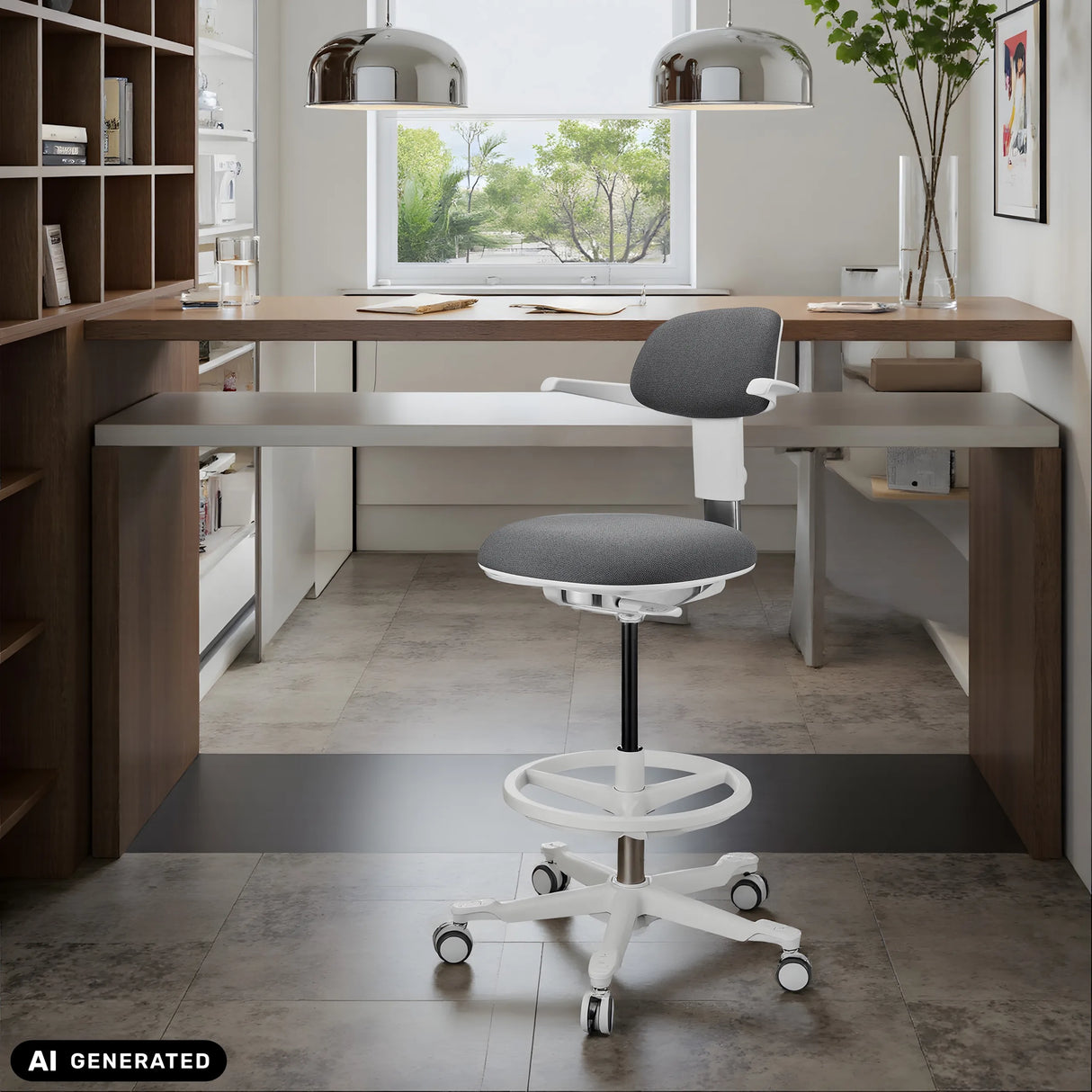Arbeitsstuhl TOP WORK 40 W in Dunkelgrau mit weißem Fußkreuz und Fußring von hjh OFFICE (KI-generiertes Bild)