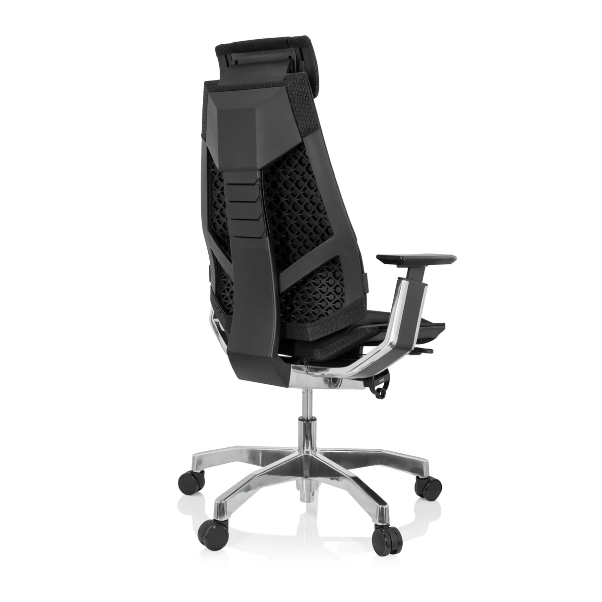 Schwarzer High-End-Bürostuhl GENIDIA PRO mit Stoffbezug und Fußkreuz mit fünf Rollen von hjh OFFICE – 360-Grad-Ansicht (schräge Rückenansicht 140°)