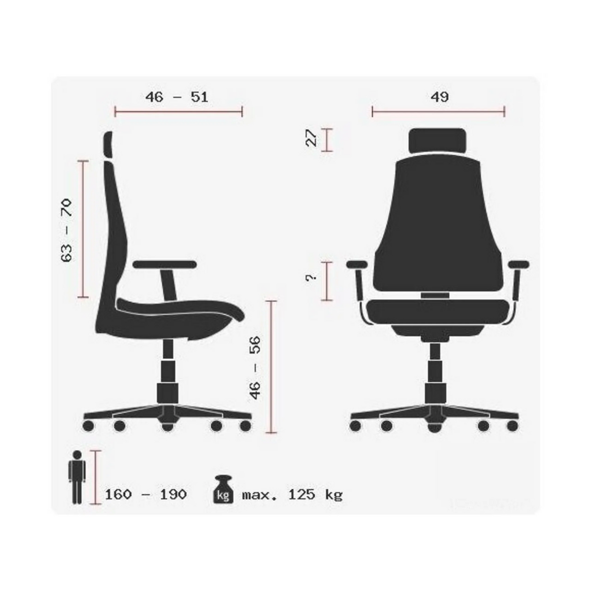 Technische Zeichnung des High-End-Bürostuhls ZERO O1 AL L mit maximal 125 kg Belastbarkeit von Sitwell Steifensand