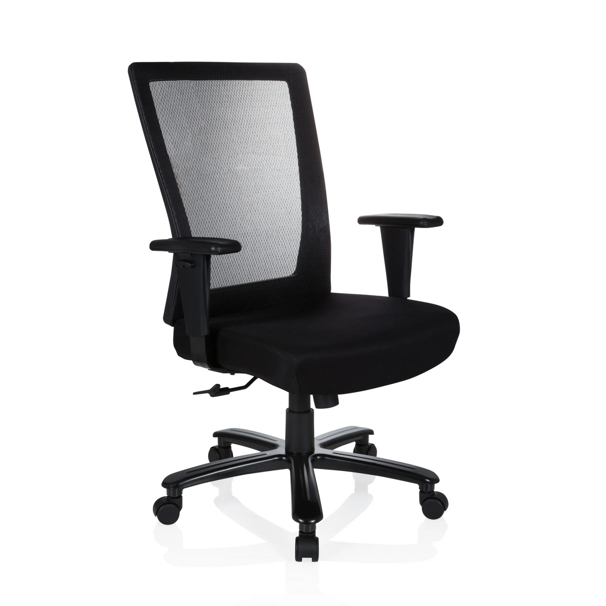 Schwarzer Drehstuhl XXL EXTENDER mit Netzrücken und Fußkreuz mit fünf Rollen von hjh OFFICE – 360-Grad-Ansicht (schräge Frontansicht 40°)