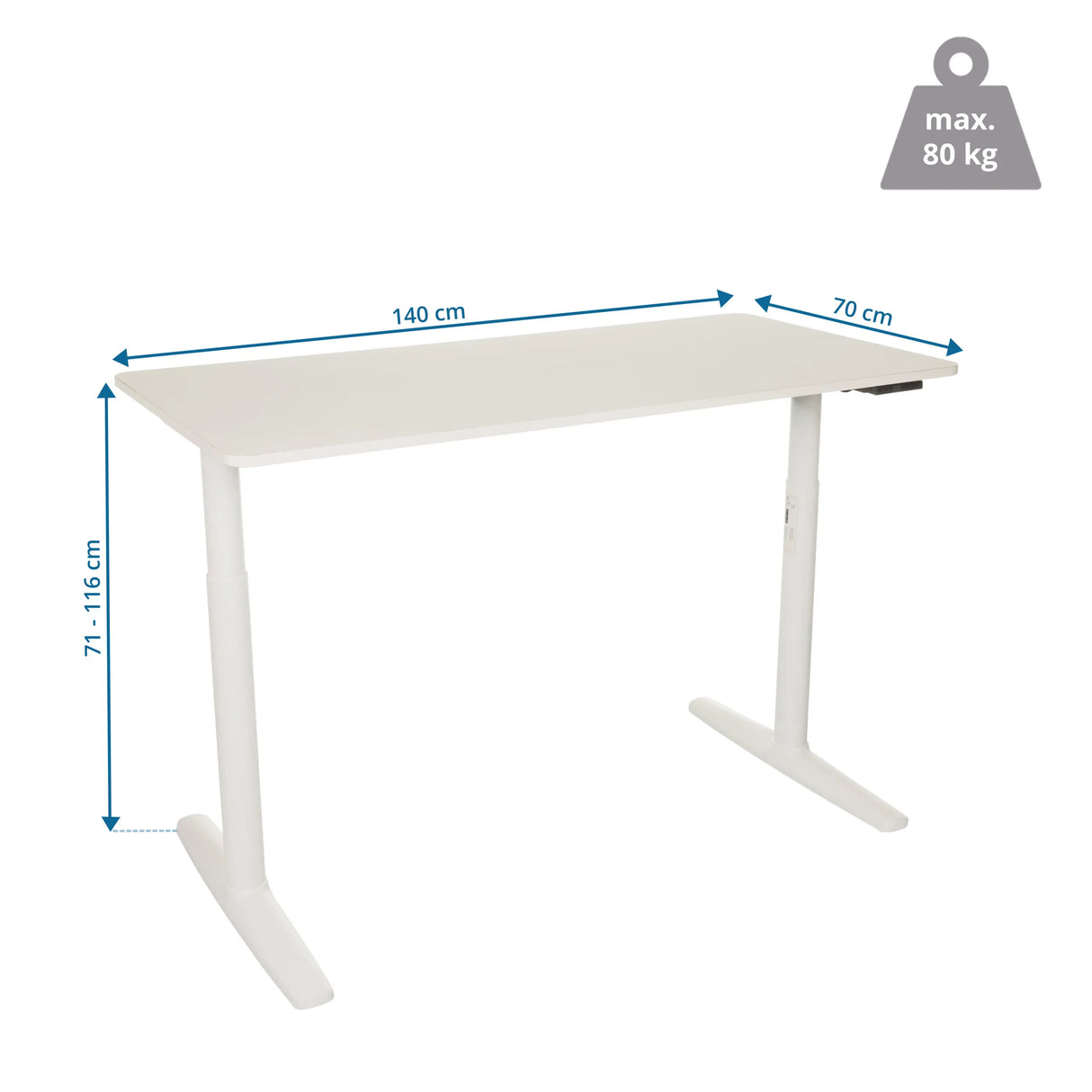 Maßzeichnung des elektrisch höhenverstellbaren Schreibtischs STAND PRO mit 140 × 70 cm von hjh OFFICE