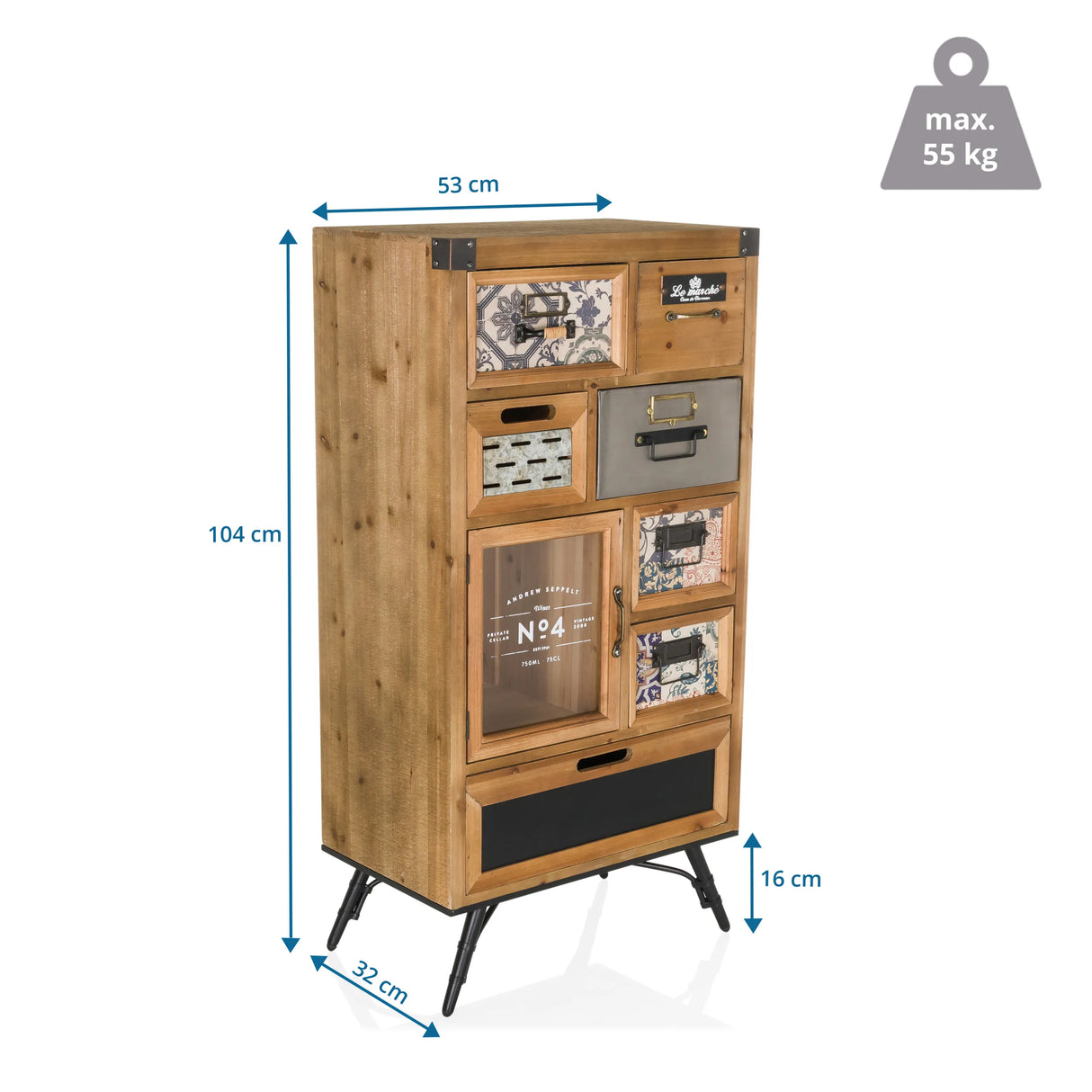 Maßansicht des Sideboards CONTINENTO S mit 104 × 53 cm und einer Traglast von 55 kg von hjh LIVING