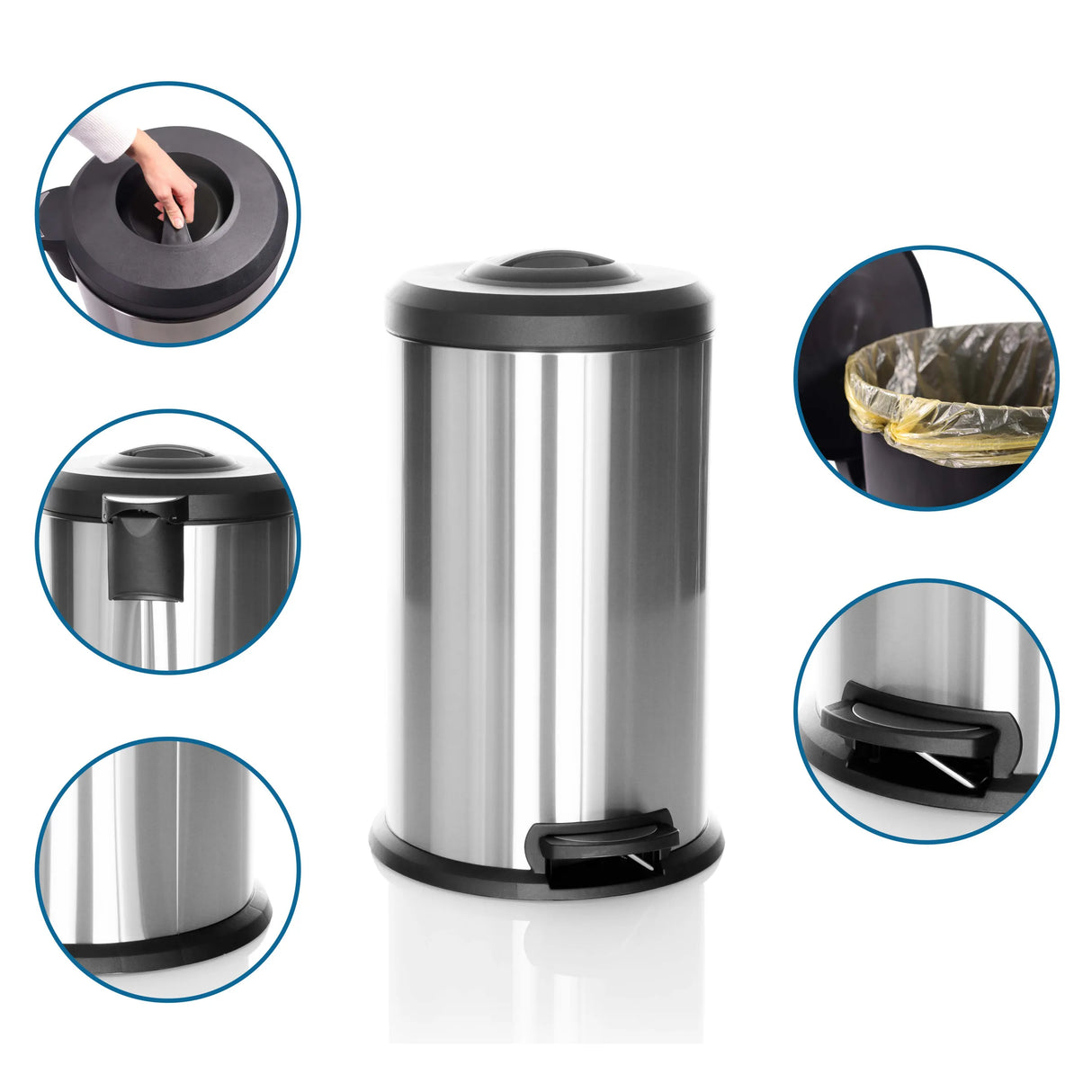 Mülleimer CLEAN X in Silber mit Fußpedal, abnehmbarem Deckel und Kunststoff-Müllbeutel von hjh OFFICE