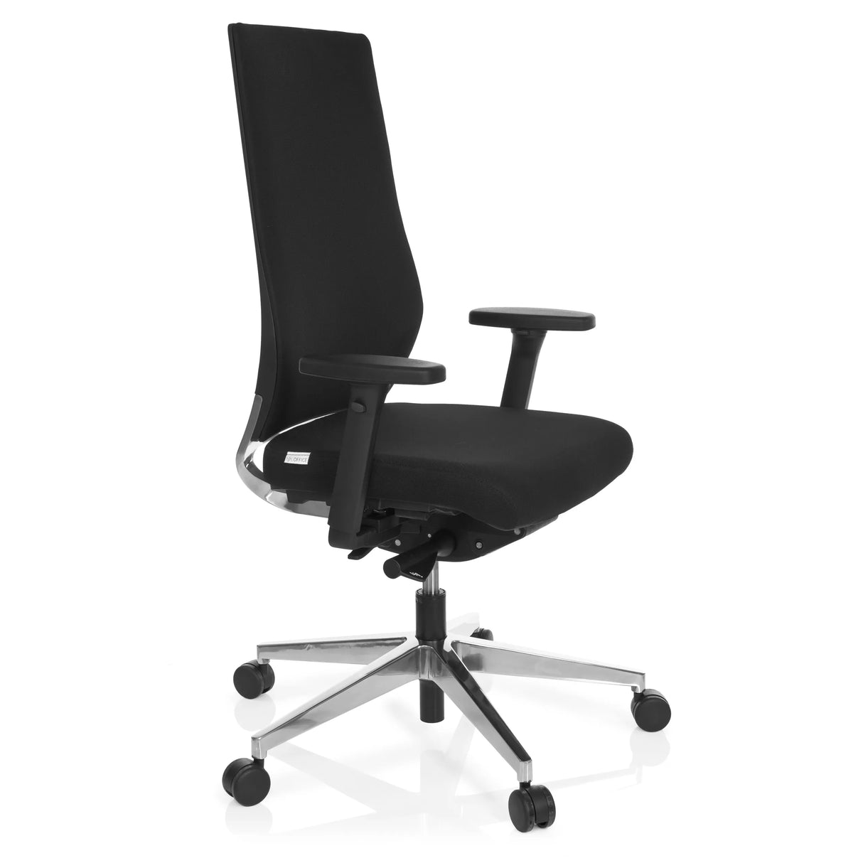 Schwarzer Profi-Bürostuhl PRO-TEC 700 mit Armlehnen und glänzendem Fußkreuz mit fünf Rollen von hjh OFFICE – 360-Grad-Ansicht (schräge Frontansicht 60°)