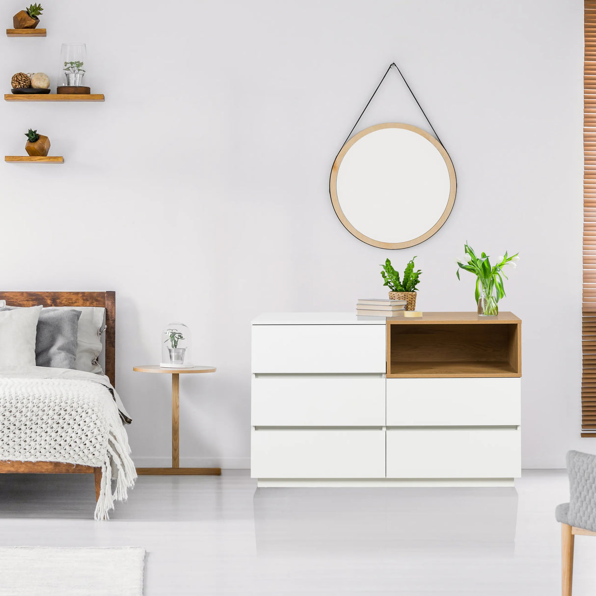 Sideboard MELMO S in Weiß und Eiche mit drei Schubladen und einem offenen Fach von hjh LIVING
