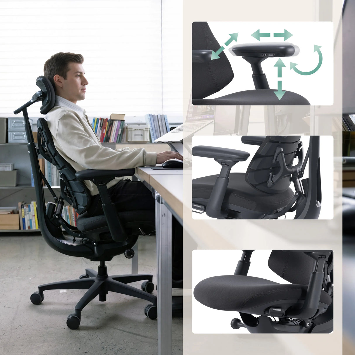 Verstellbare Armlehnen und Sitzmechanik des High-End-Bürostuhls LiberNovo Omni Pro von Libernovo
