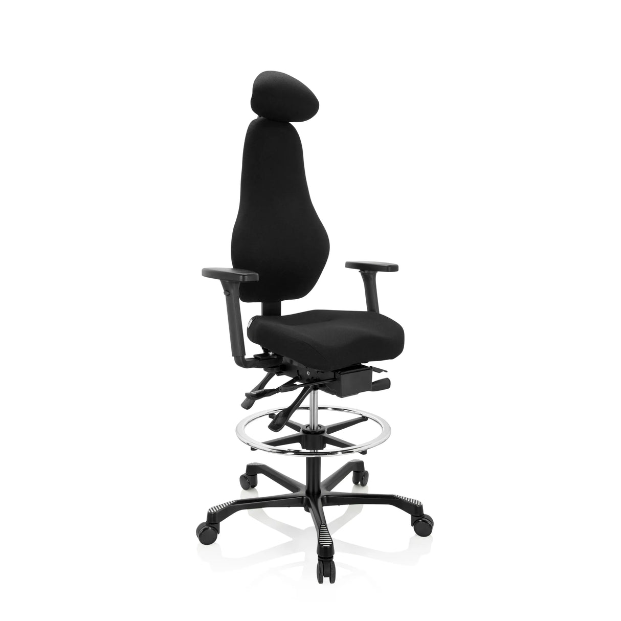 Schwarzer Counterstuhl RESISTIO WORK mit Kopfstütze, Fußring und Fußkreuz mit fünf Rollen von hjh OFFICE – 360-Grad-Ansicht (schräge Frontansicht 40°)