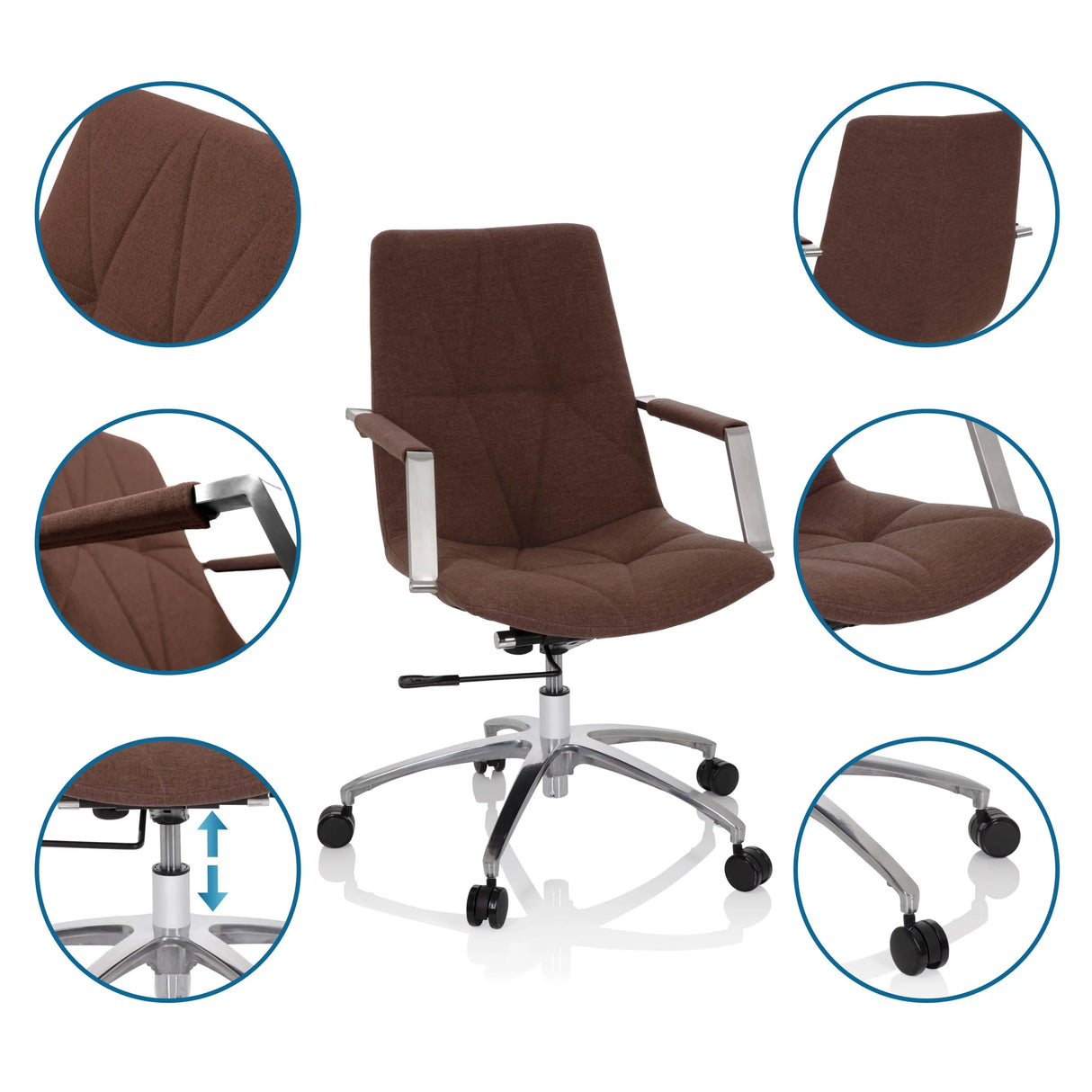 Home-Office-Bürostuhl SARANTO II in Mittelbraun mit Detailansichten von Stoff, Armlehne und Gasfeder von hjh OFFICE