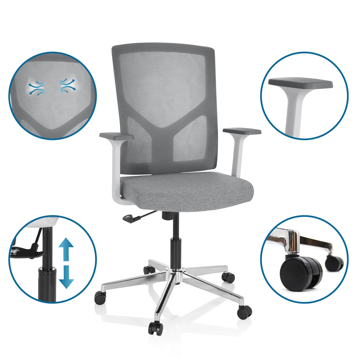 Grauer Home-Office-Bürostuhl BRETON BASE W mit Mesh-Rückenlehne, Armlehnen und Rollen von hjh OFFICE