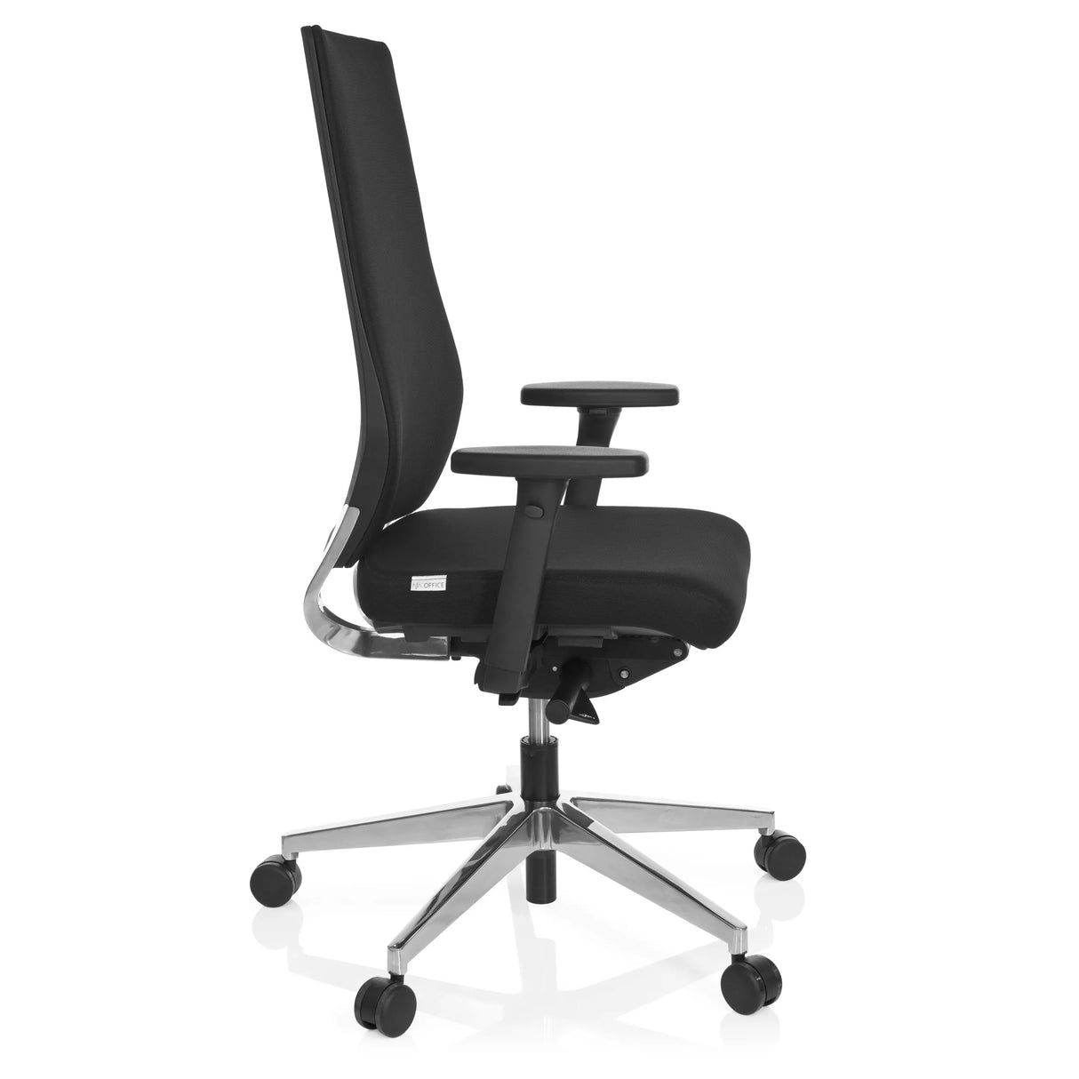 Schwarzer Profi-Bürostuhl PRO-TEC 700 mit Armlehnen und glänzendem Fußkreuz mit fünf Rollen von hjh OFFICE – 360-Grad-Ansicht (Seitenprofil 80°)