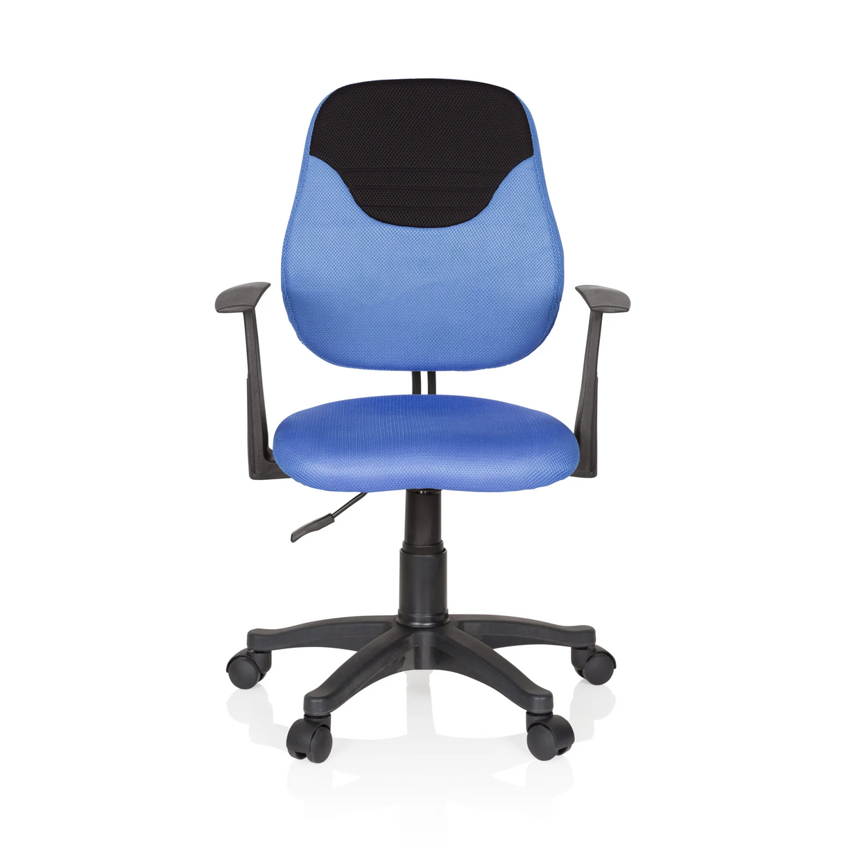 Blauer Kinderdrehstuhl KIDDY STYLE mit Netzrücken, Armlehnen und Fußkreuz mit fünf Rollen von hjh OFFICE – 360-Grad-Ansicht (Frontansicht 0°)