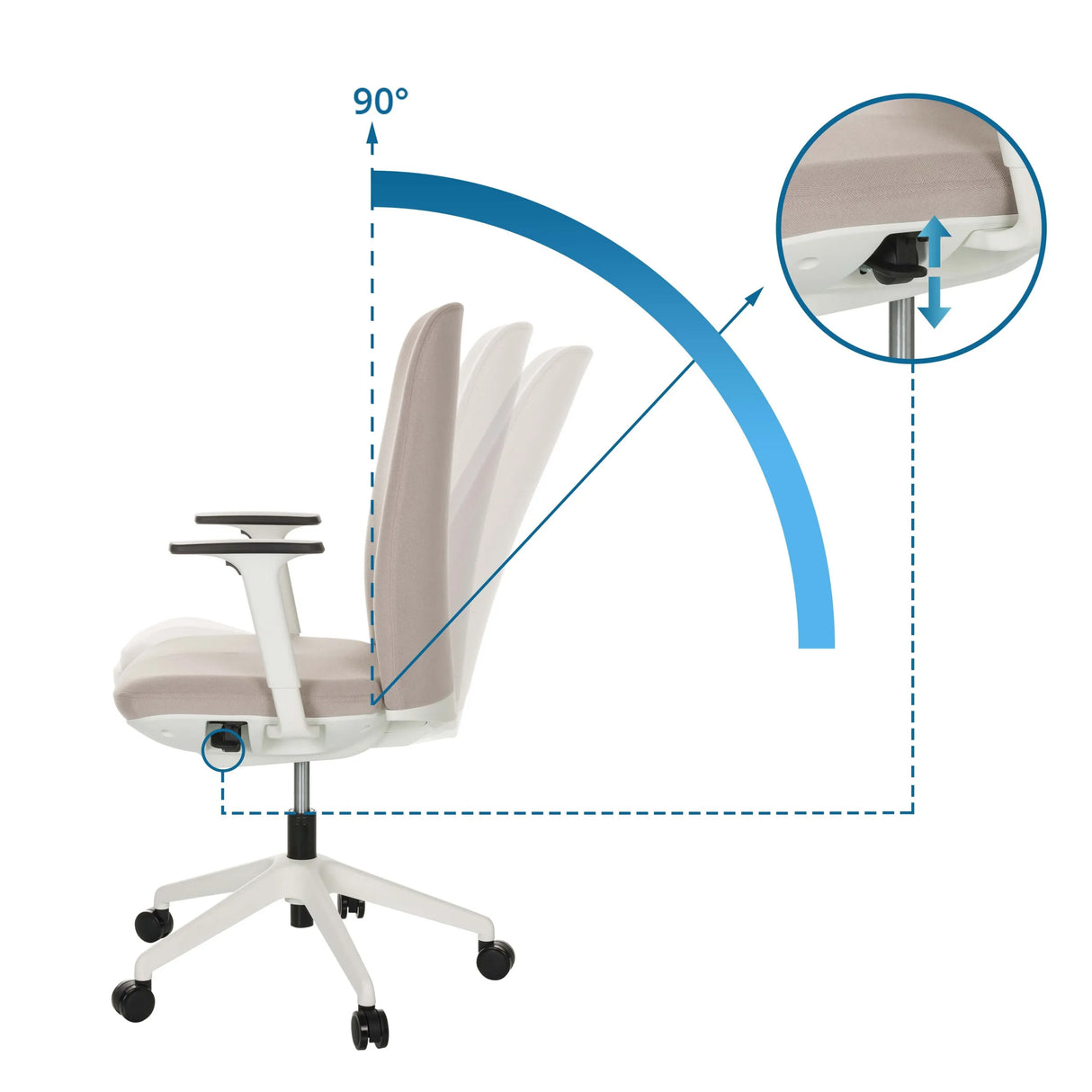 Verstellbare Rückenlehne mit einem Neigungswinkel von 90° des Profi-Bürostuhls NESTORA von hjh OFFICE