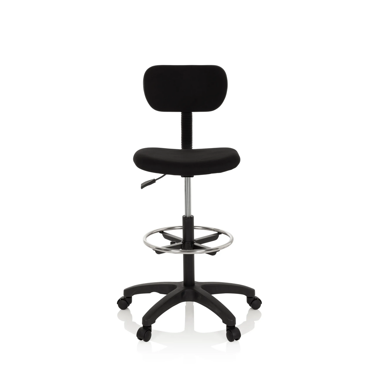 Schwarzer Counterstuhl TOP WORK 05 mit Fußring und Fußkreuz mit fünf Rollen von hjh OFFICE – 360-Grad-Ansicht (Frontansicht 0°)