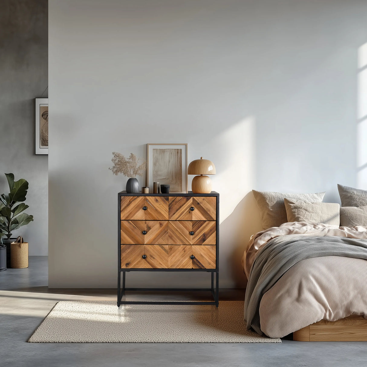 Sideboard SANTJAGO BLACK SUN L in dunkelbrauner Holzoptik mit drei Schubladen und schwarzem Metallgestell von hjh LIVING