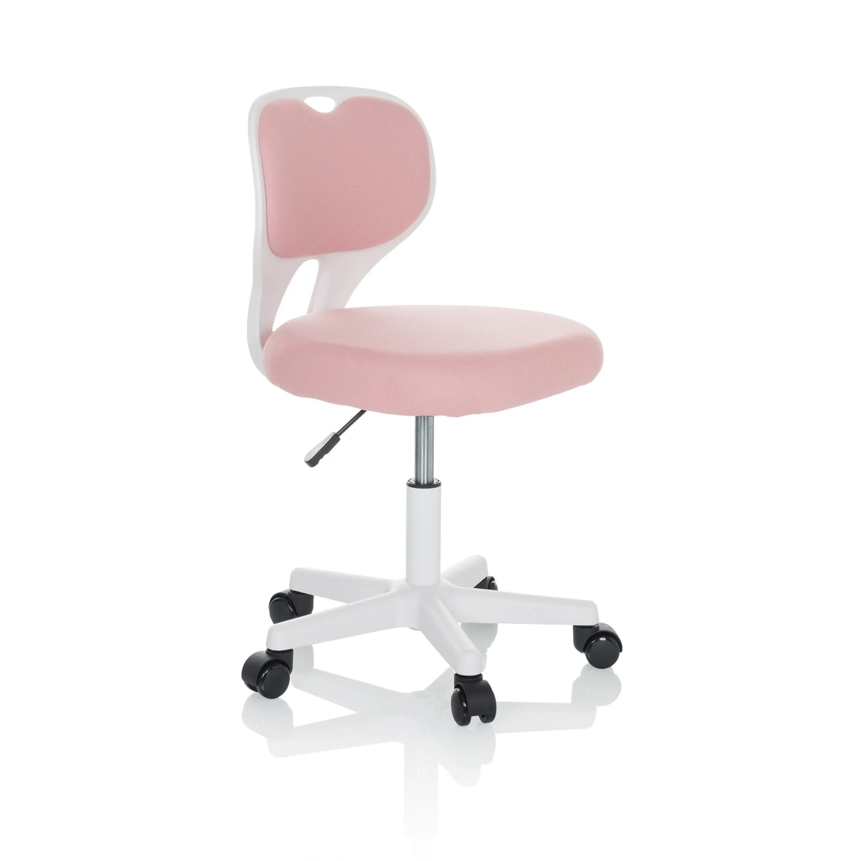 Rosa Kinderdrehstuhl KIDDY TOP W mit weißem Gestell und Fußkreuz mit fünf Rollen von hjh OFFICE – 360-Grad-Ansicht (schräge Frontansicht 60°)