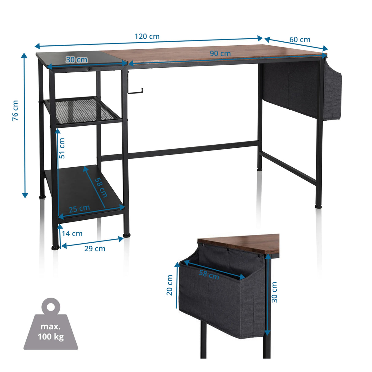 Technische Zeichnung des Schreibtischs WORKSPACE H I mit 120 × 60 cm und einer Traglast von 100 kg von hjh OFFICE