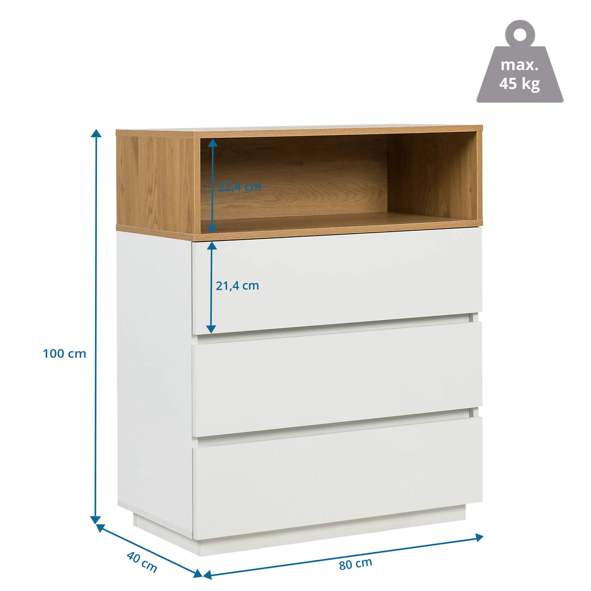 Maßzeichnung der Kommode MELMO K in Weiß und Eiche mit 100 × 80 cm von hjh LIVING