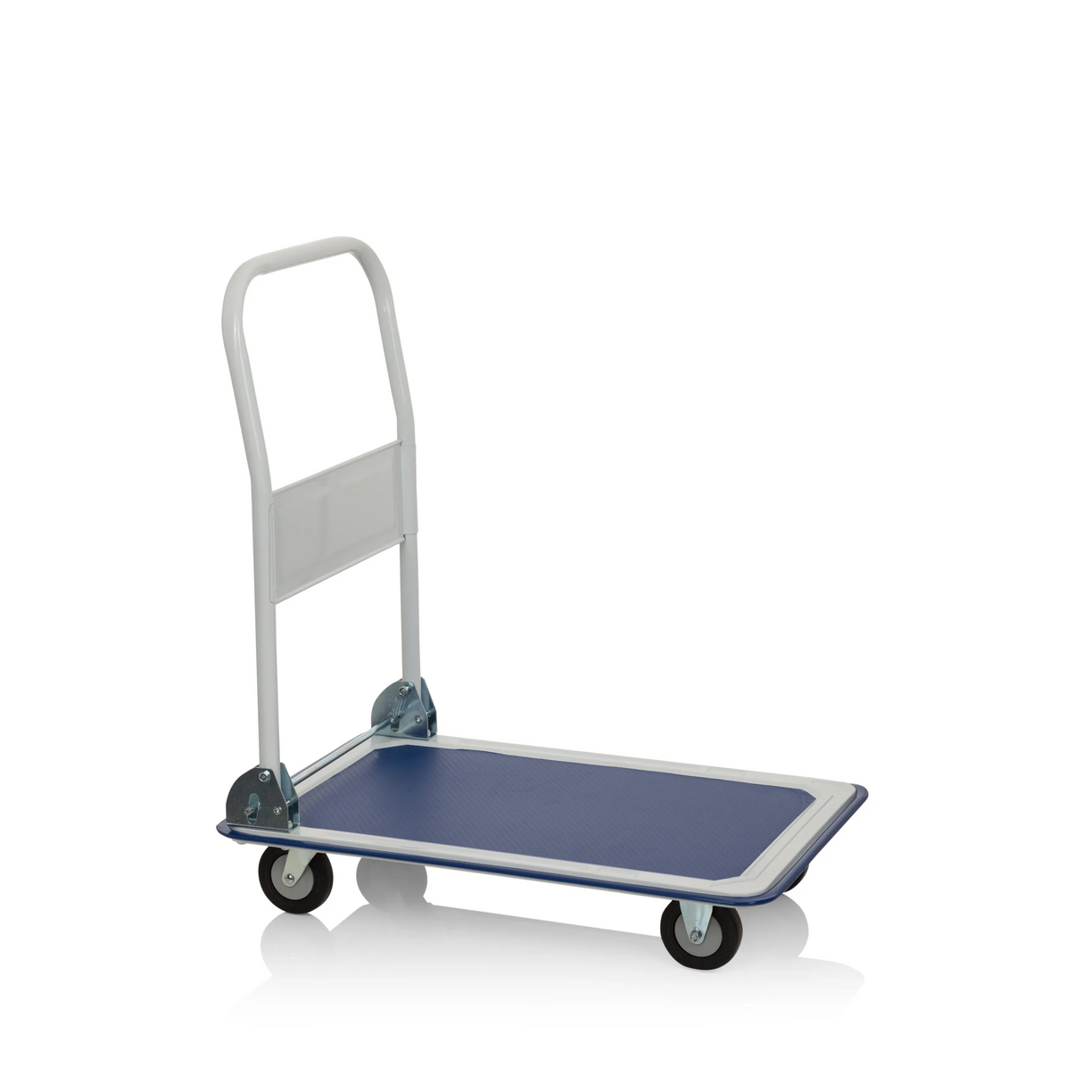 Blau-weißer Plattformwagen CARRY mit klappbarem Griff und vier Rollen von hjh OFFICE – 360-Grad-Ansicht (Frontansicht 0°)